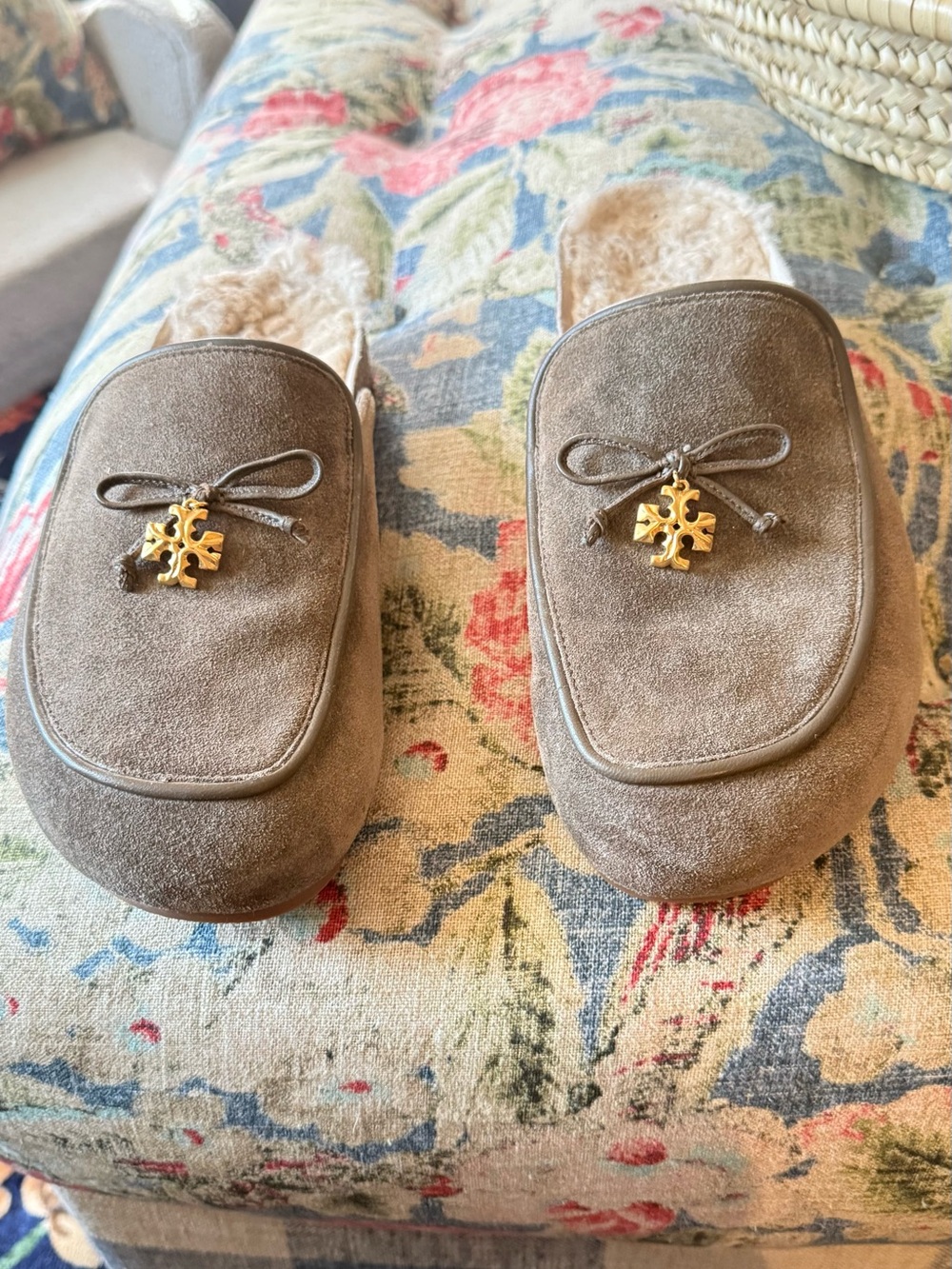 Tory Burch olive Suede Shearling-Lined Logo Charm Slipper Mules